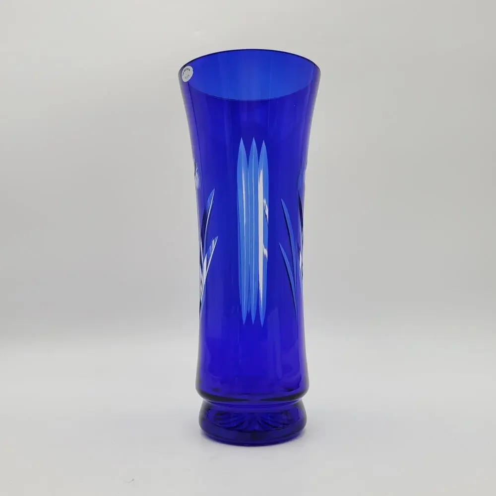 Vtg USSR Russian Badash Vase Cobalt Blue Cut to Clear Crystal Glass 10